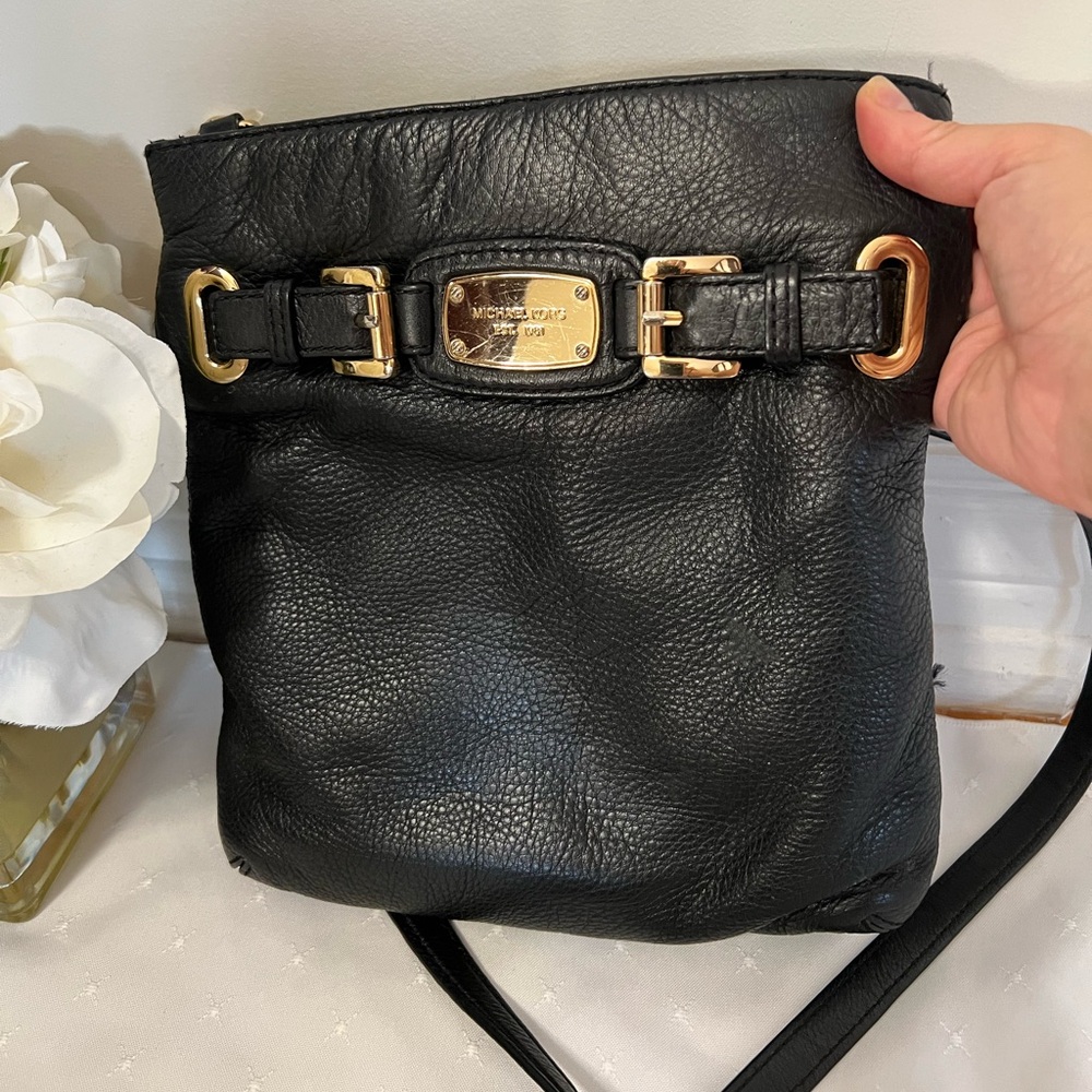 Michael Kors Black Leather Crossbody Bag with Gold Hardware